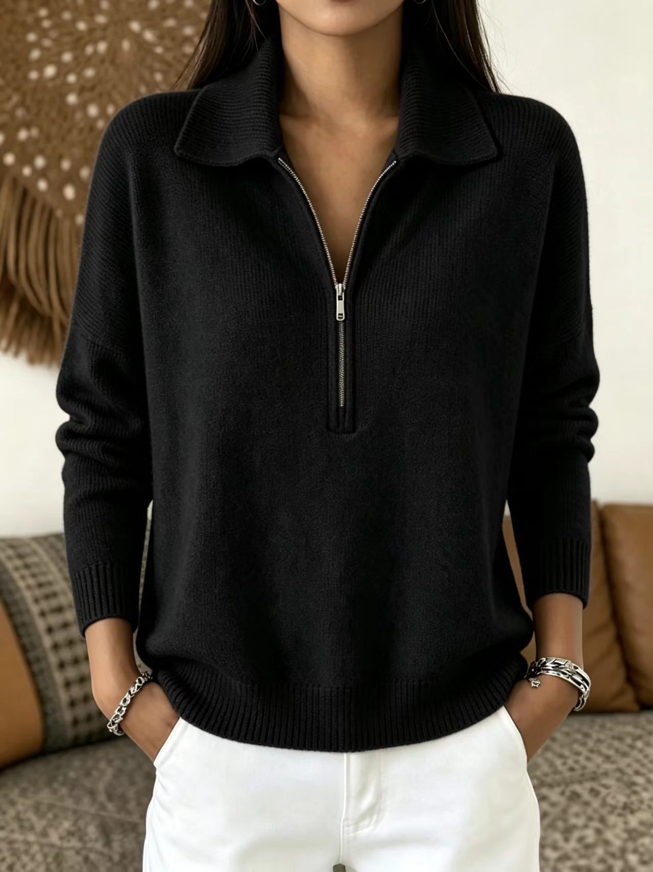 Women's Solid Color Half-Zip Polo Collar Pullover Sweater