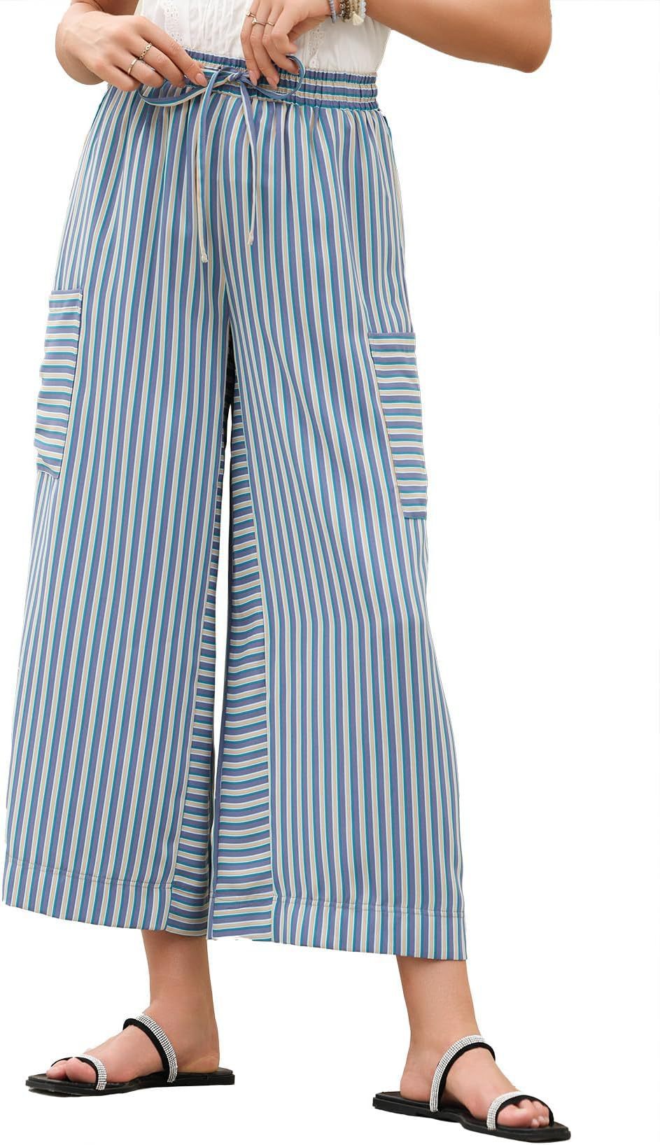 Striped Straight-Leg Drawstring Wide-Leg Beach Pants for Women