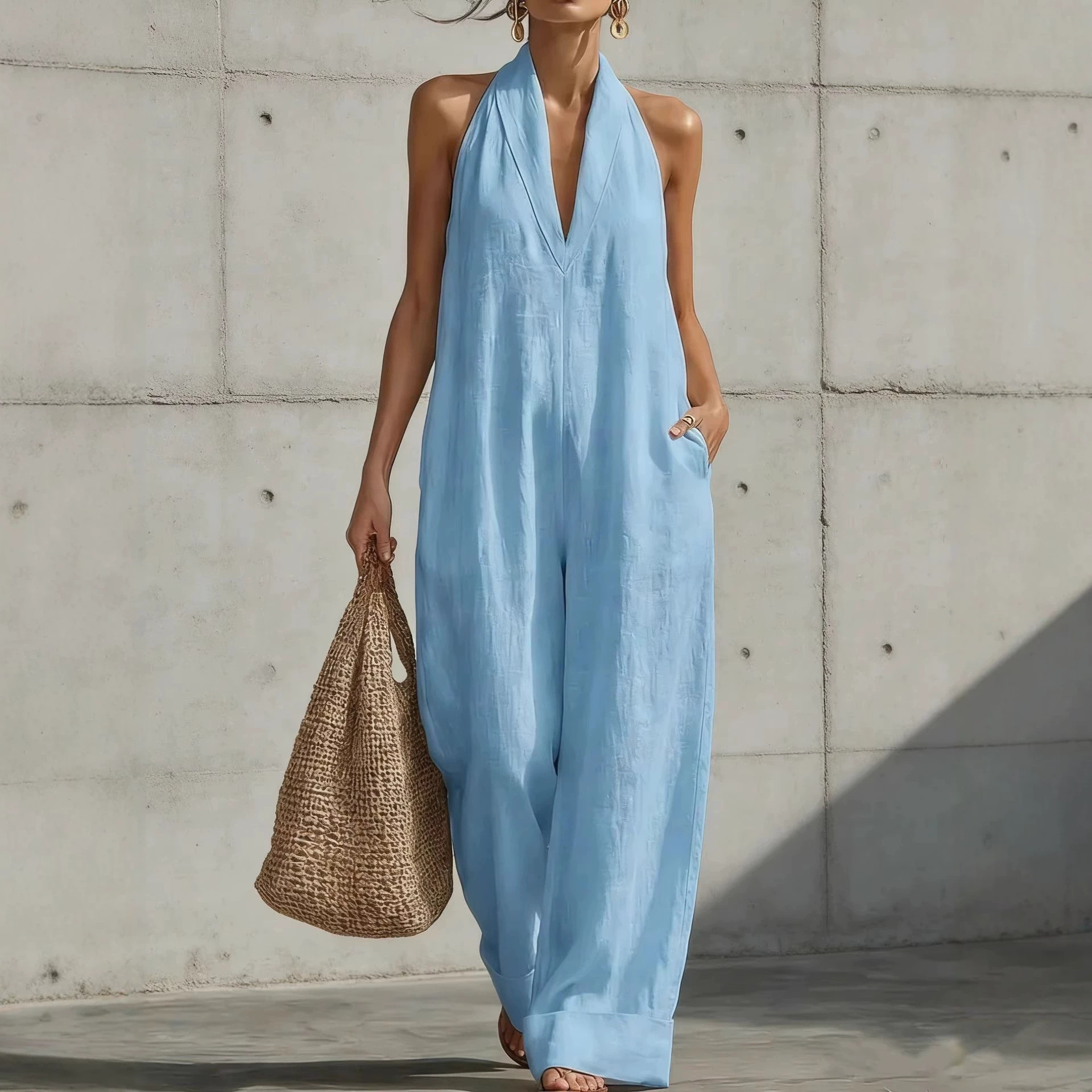 Cotton Linen Sleeveless Wide-Leg Jumpsuit Women Casual Minimalist