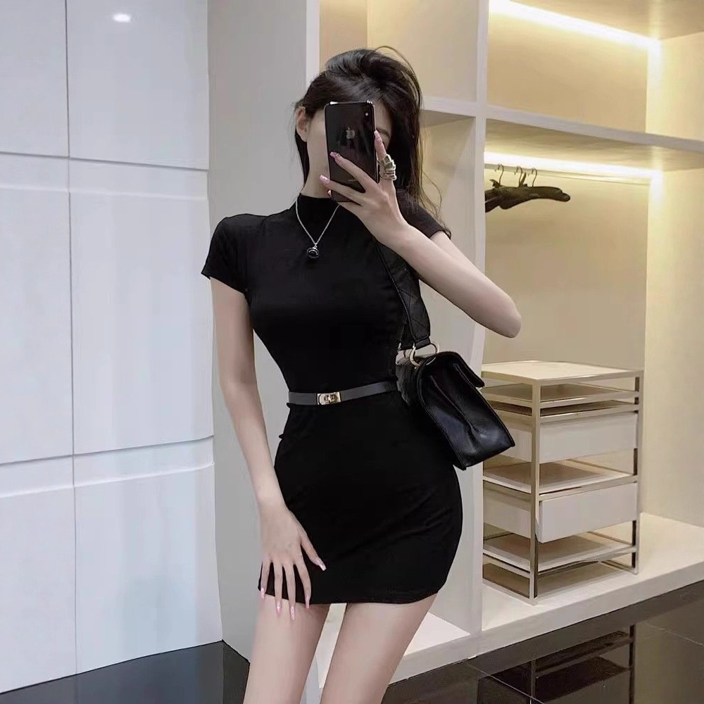 Slim-Fit Half Turtleneck Short Sleeve Bodycon Dress with Belt