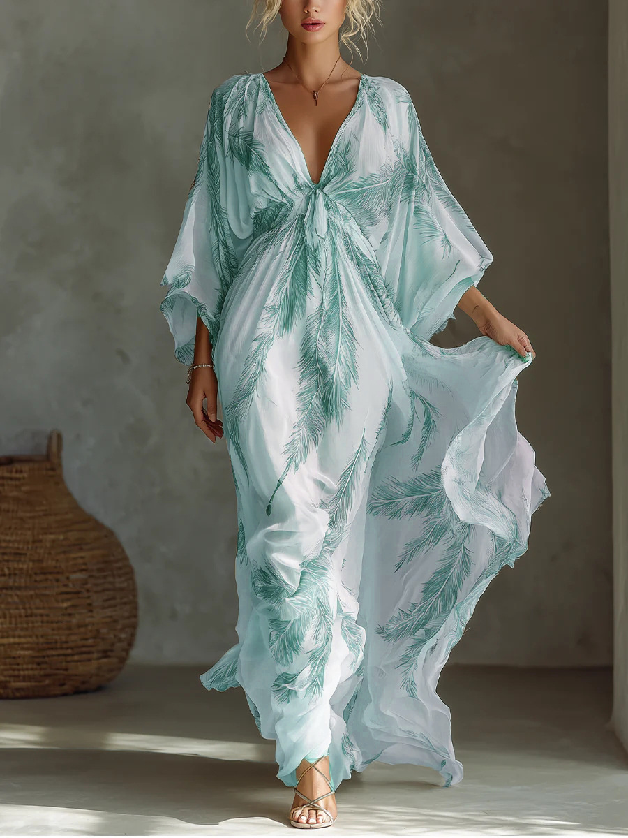 V-Neck 3/4 Sleeve Floral Print Midi Dress with Waist