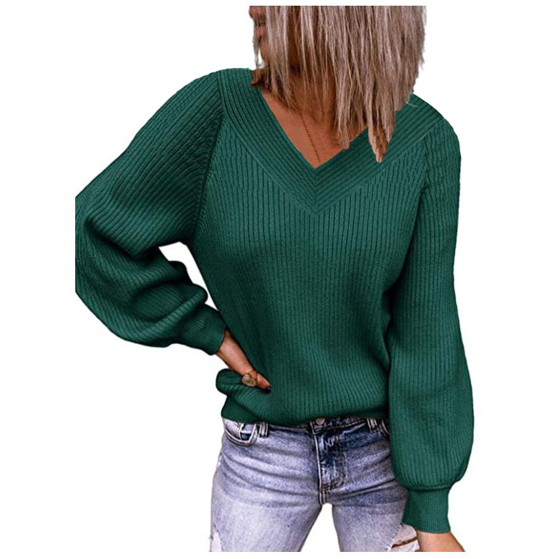 Women's Plus Size Loose V-Neck Solid Knit Pullover Sweater