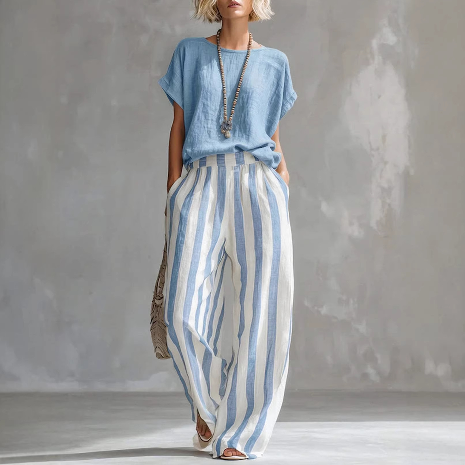 Striped Crewneck Top & Straight-Leg Pants Casual Set