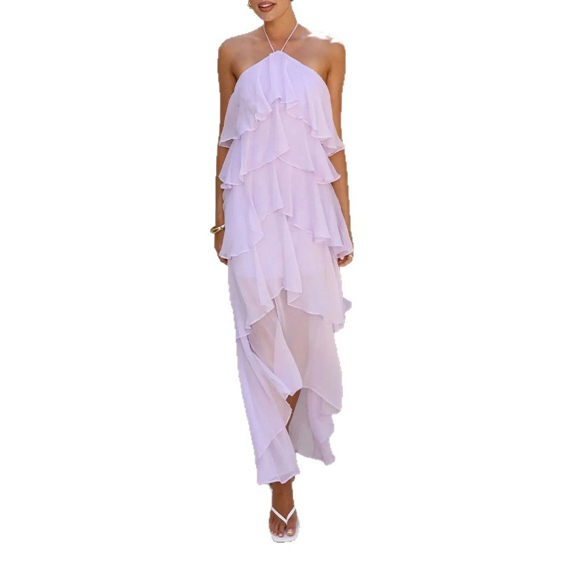 Women's Summer Halter Neck Solid Color Tiered Ruffle Dress