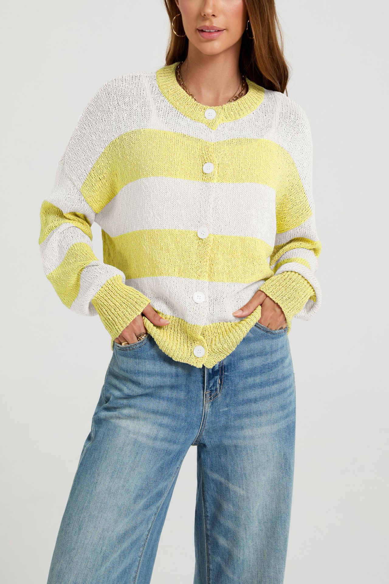 Striped Round Neck Cardigan Sweater Loose Fit Colorblock Knit Top