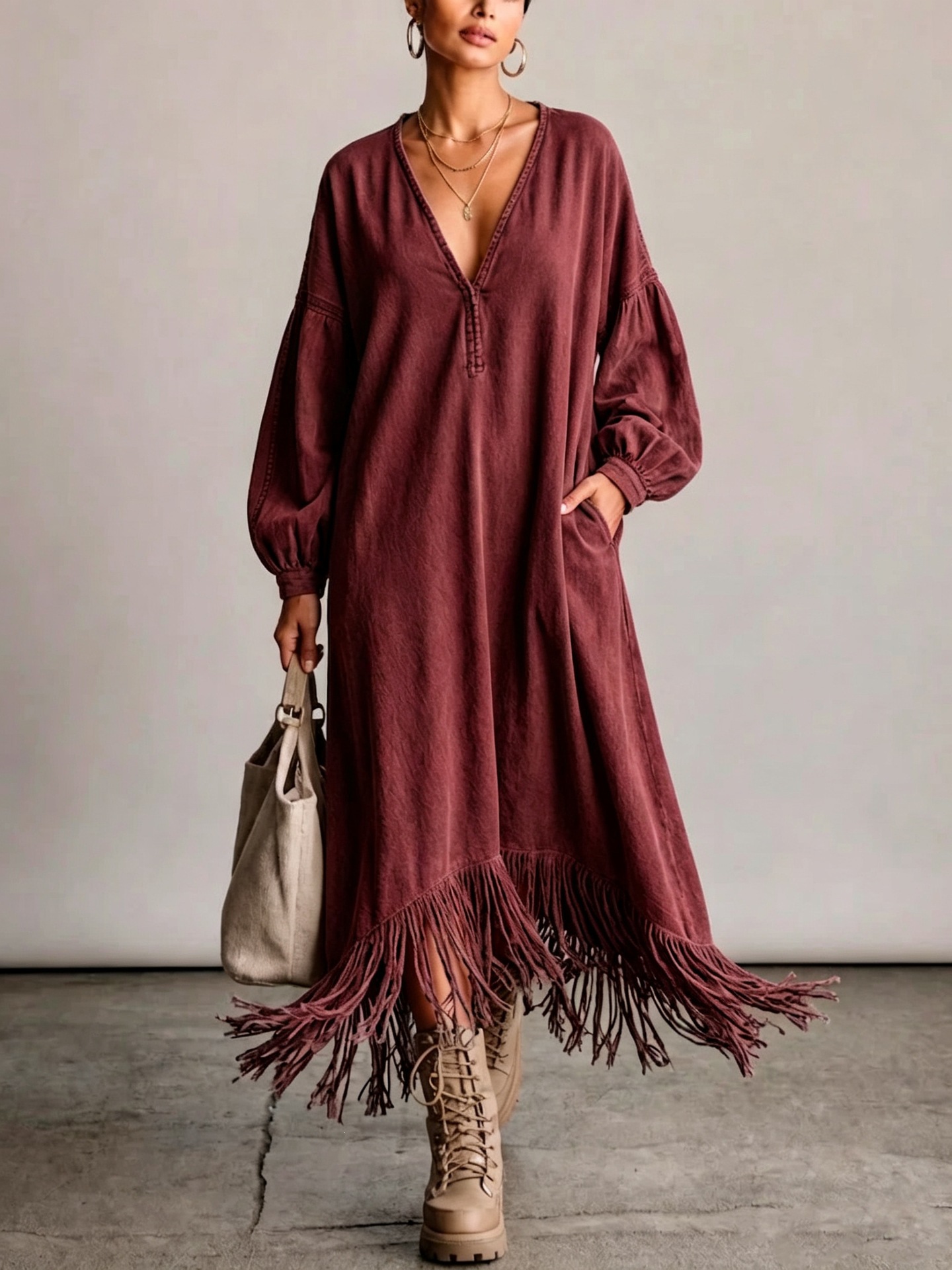 Distressed Washed V-Neck Lantern Sleeve Fringe Maxi Dress with Pockets