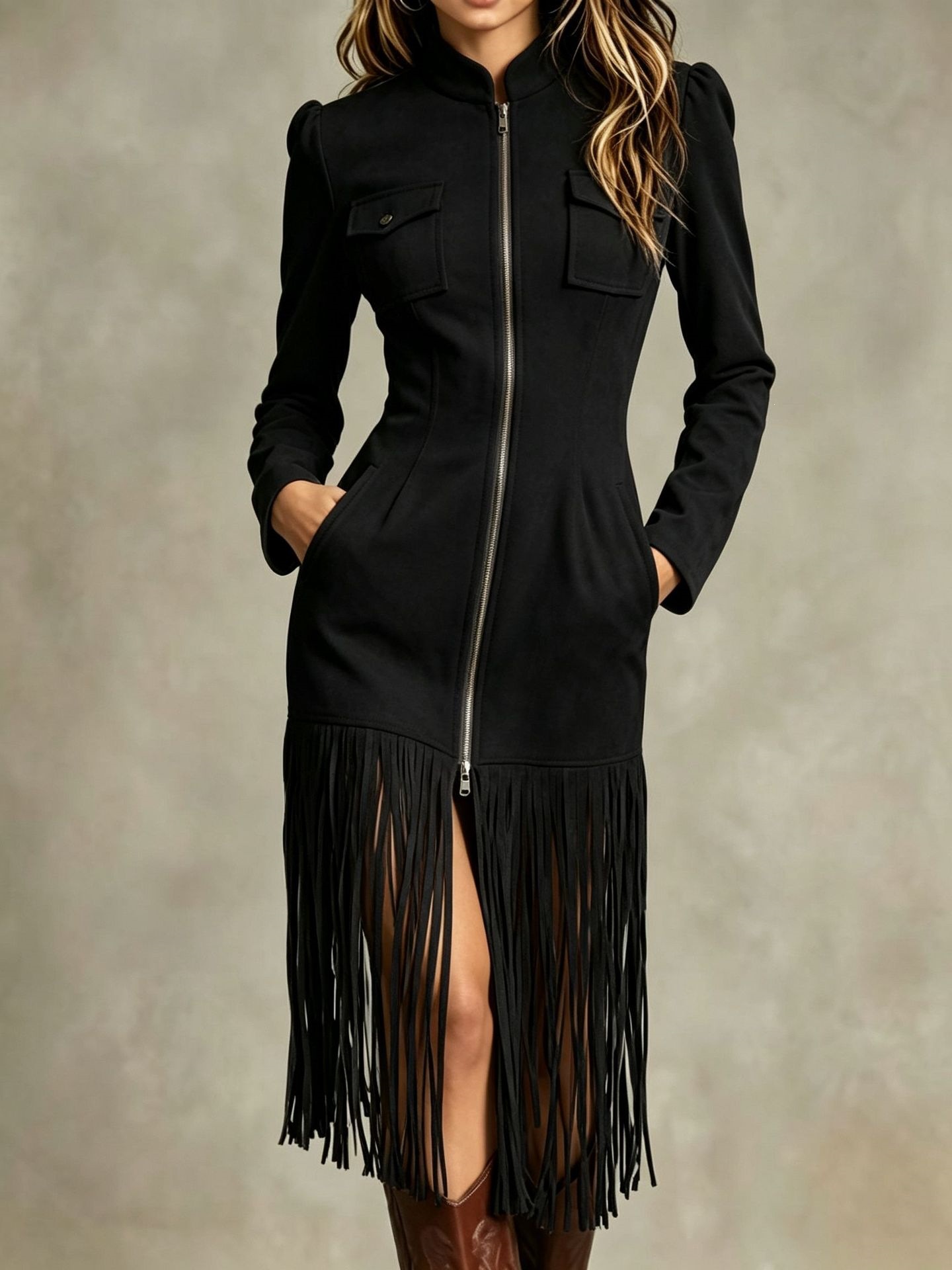 Retro Faux Suede Fringe Dress with Pockets and Zip Hem