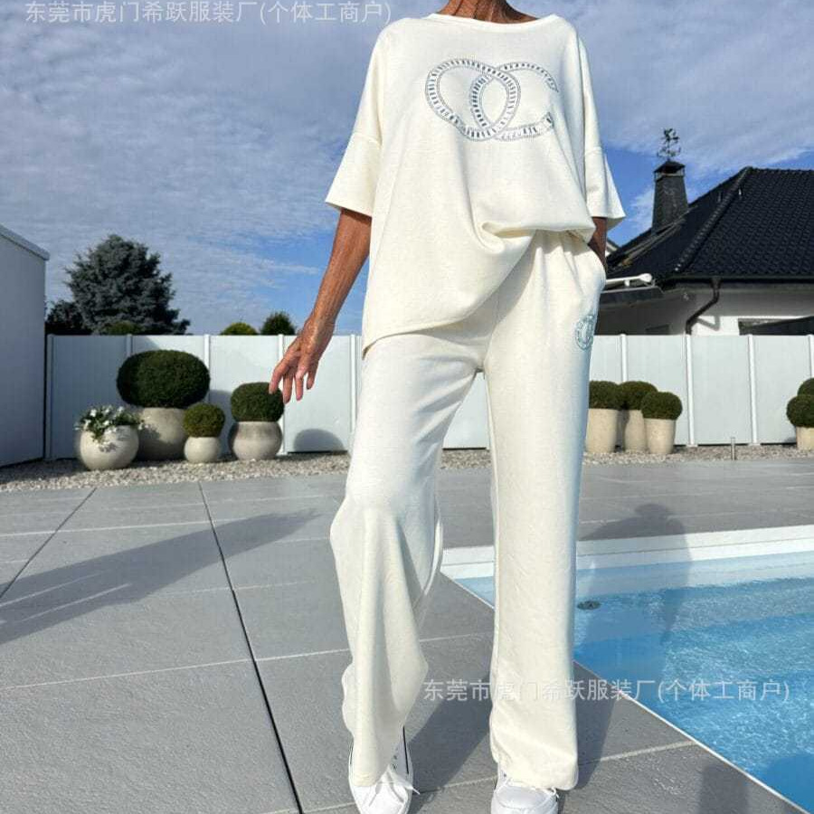 Women's 2-Piece Rhinestone Top Set Casual Half-Sleeve