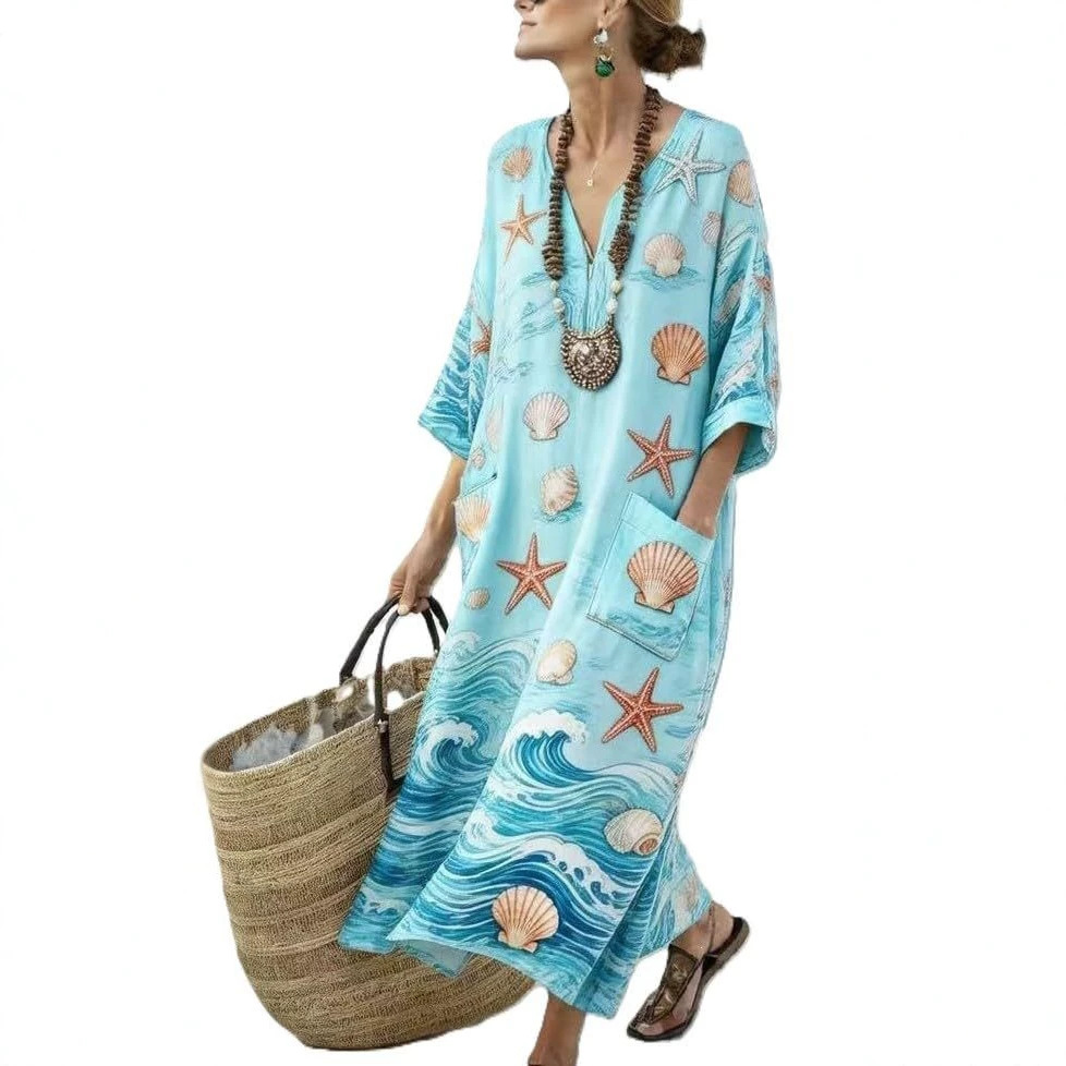 Women's Boho V-Neck A-Line Midi Dress with 3D Print