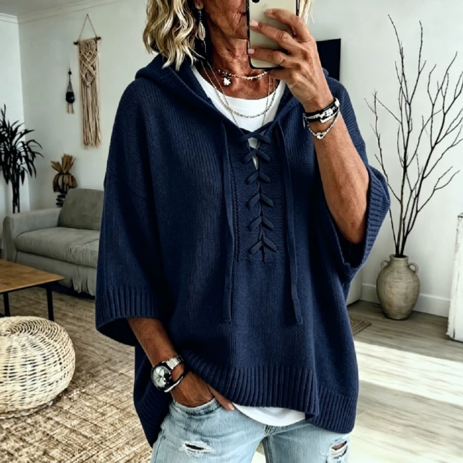 Lace-Up Hooded 3/4 Sleeve Knit Sweater Loose Pullover Top