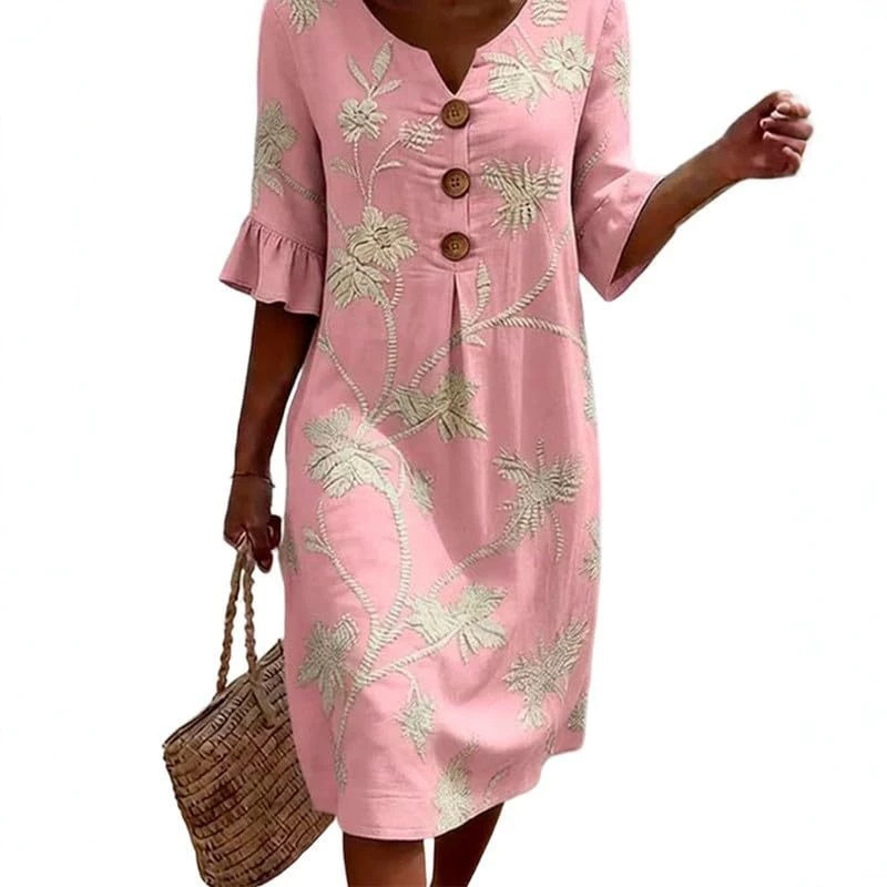 Women's Floral Print Ruched Three-Button Rolled-Sleeve Dress