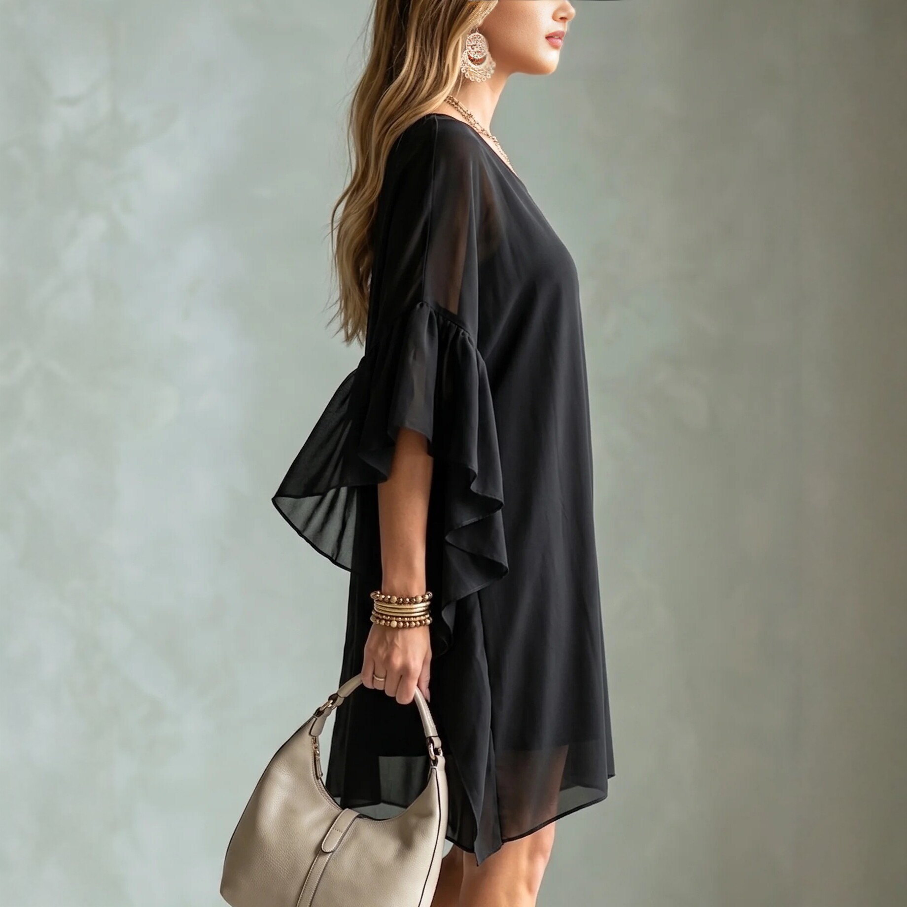 Minimalist Black Chiffon Mini Dress with Ruffle Sleeves Loose Fit