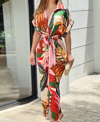 Women's Collared Midi Shirt Dress Short Sleeve Button Front High Waist