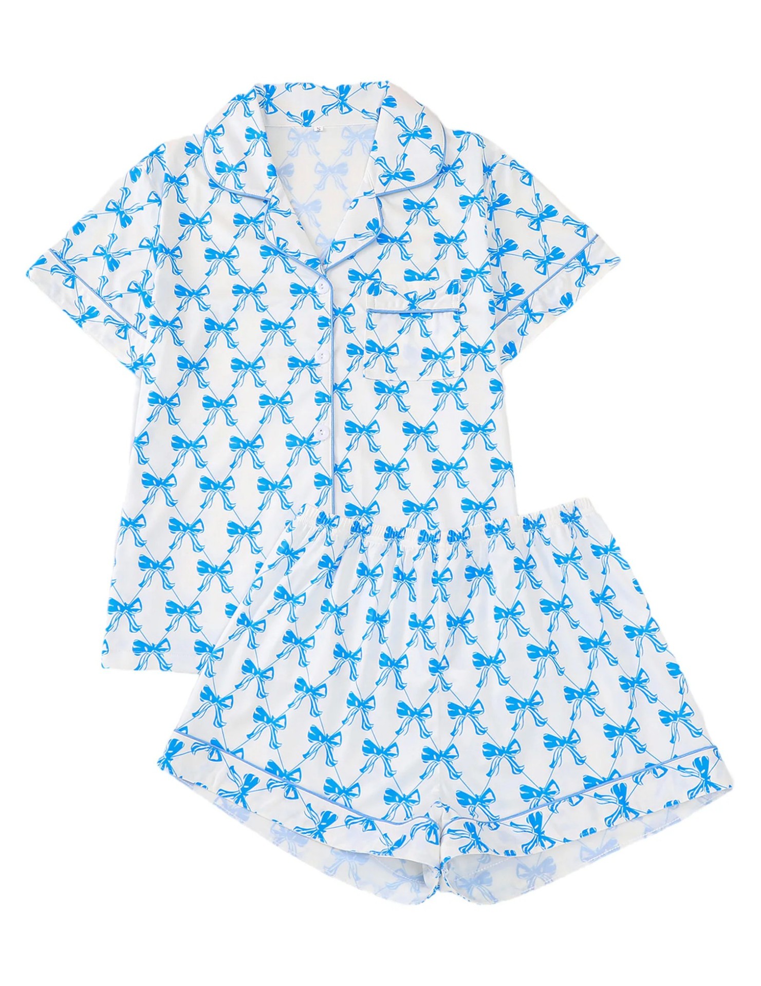 Women's Cuban Collar Short Sleeve Shirt Set with Ribbon Bow