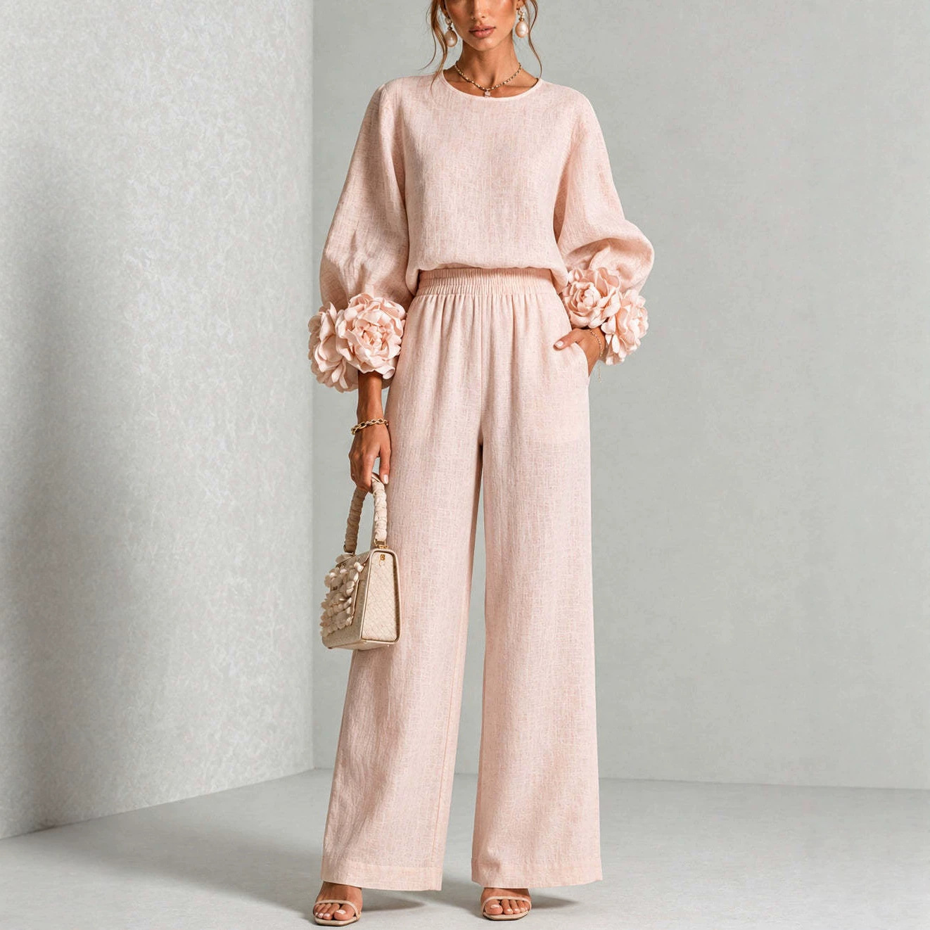 Floral Cuff Top and Wide-Leg Pants Set