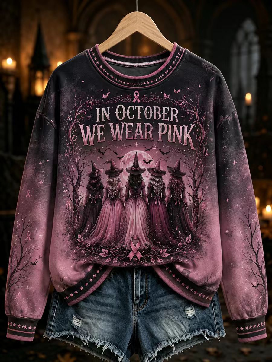 Halloween Bat Witch Print Crewneck Long-Sleeve Pullover Sweatshirt