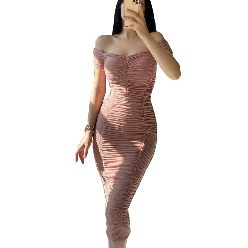 Women's Off-Shoulder Ruched Long Dress Solid Color Elegant Summer