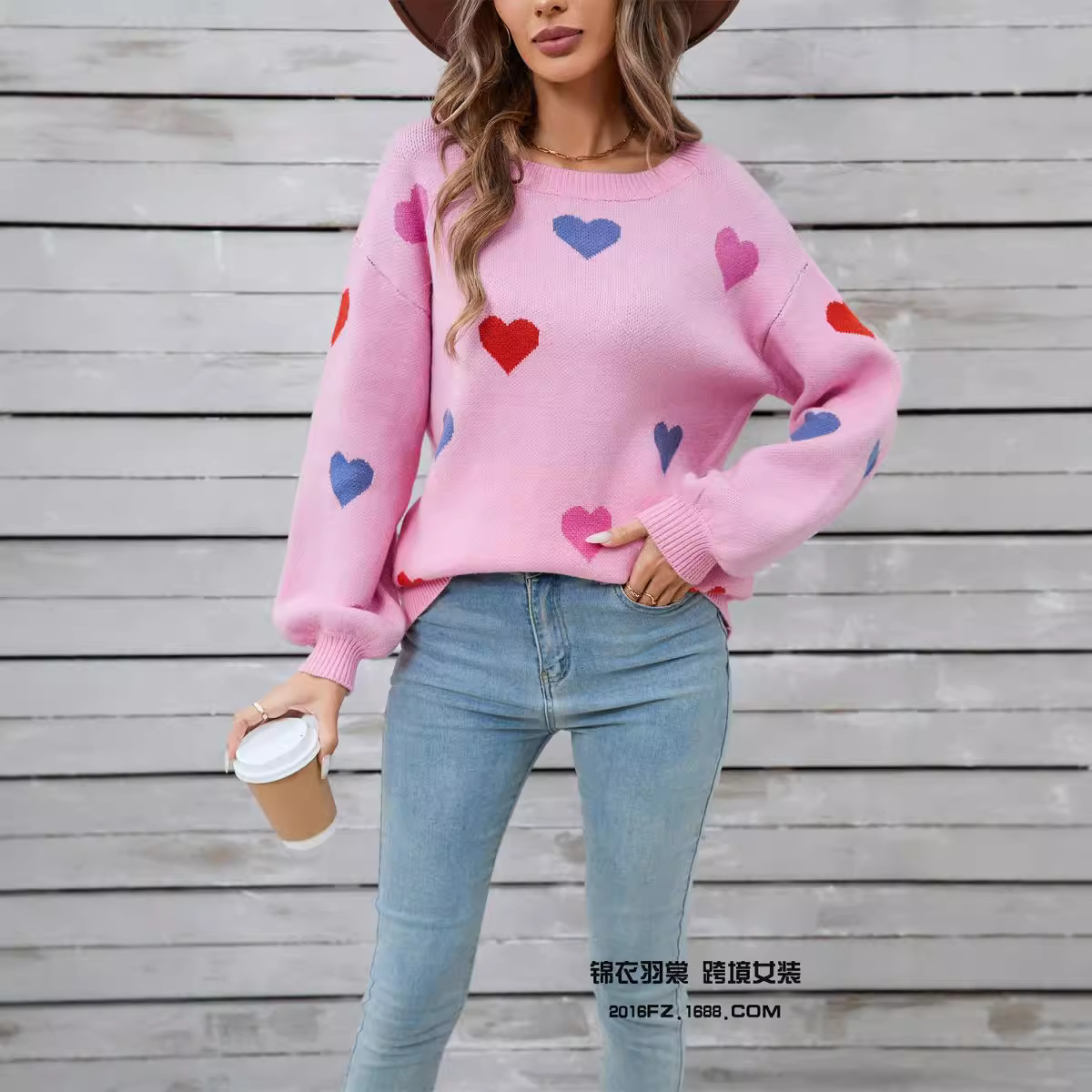 Heart Pattern Crewneck Pullover Sweater