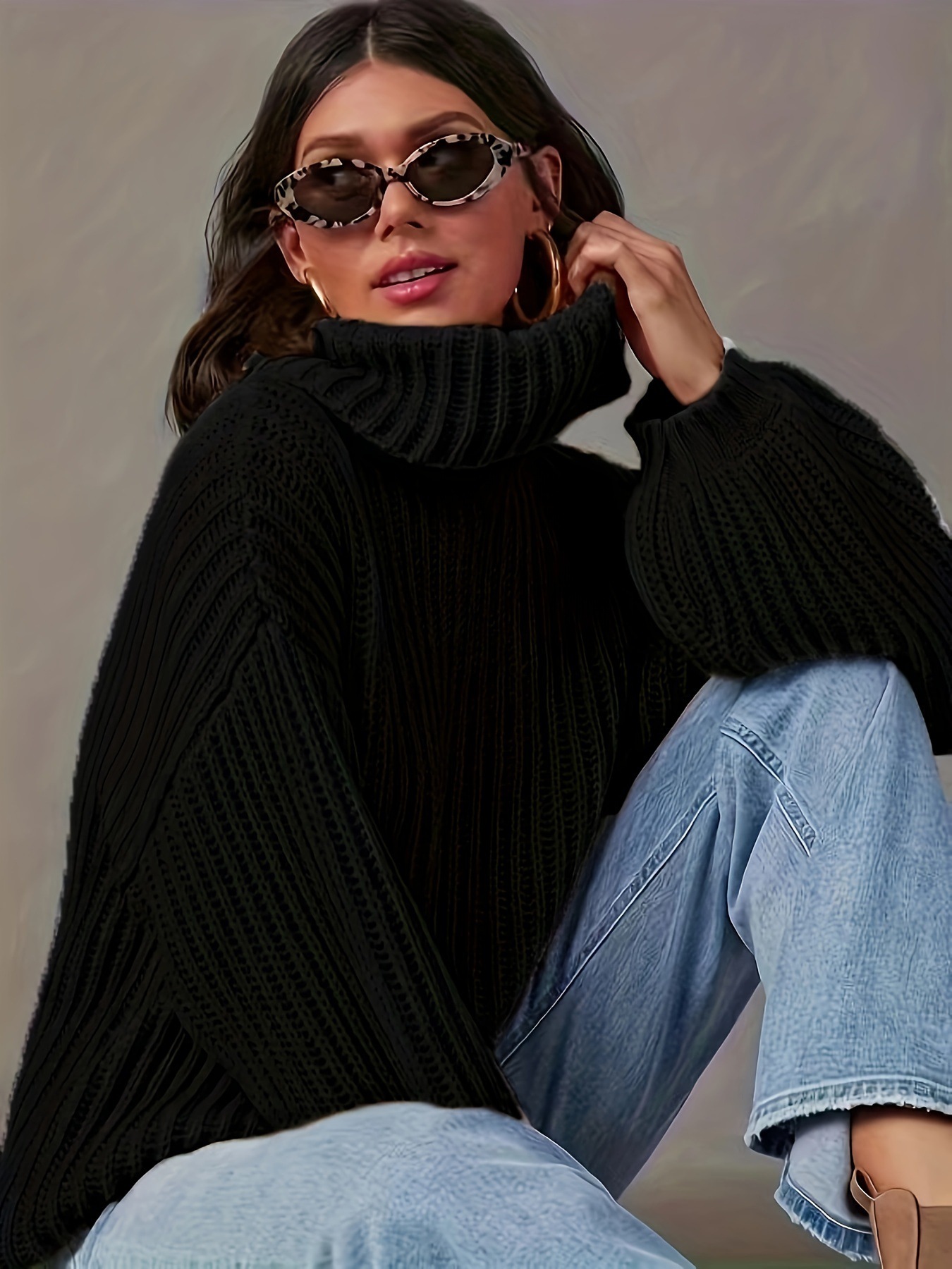 Women's Loose High Neck Wool Blend Pullover Sweater
