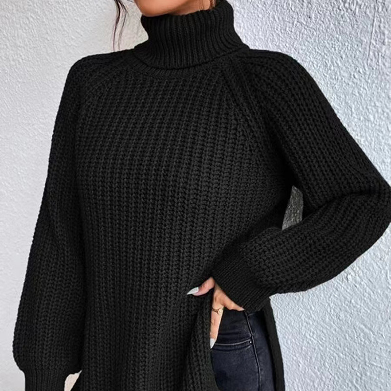 Women's High Neck Midi Knit Sweater with Raglan Sleeves and Side Slit