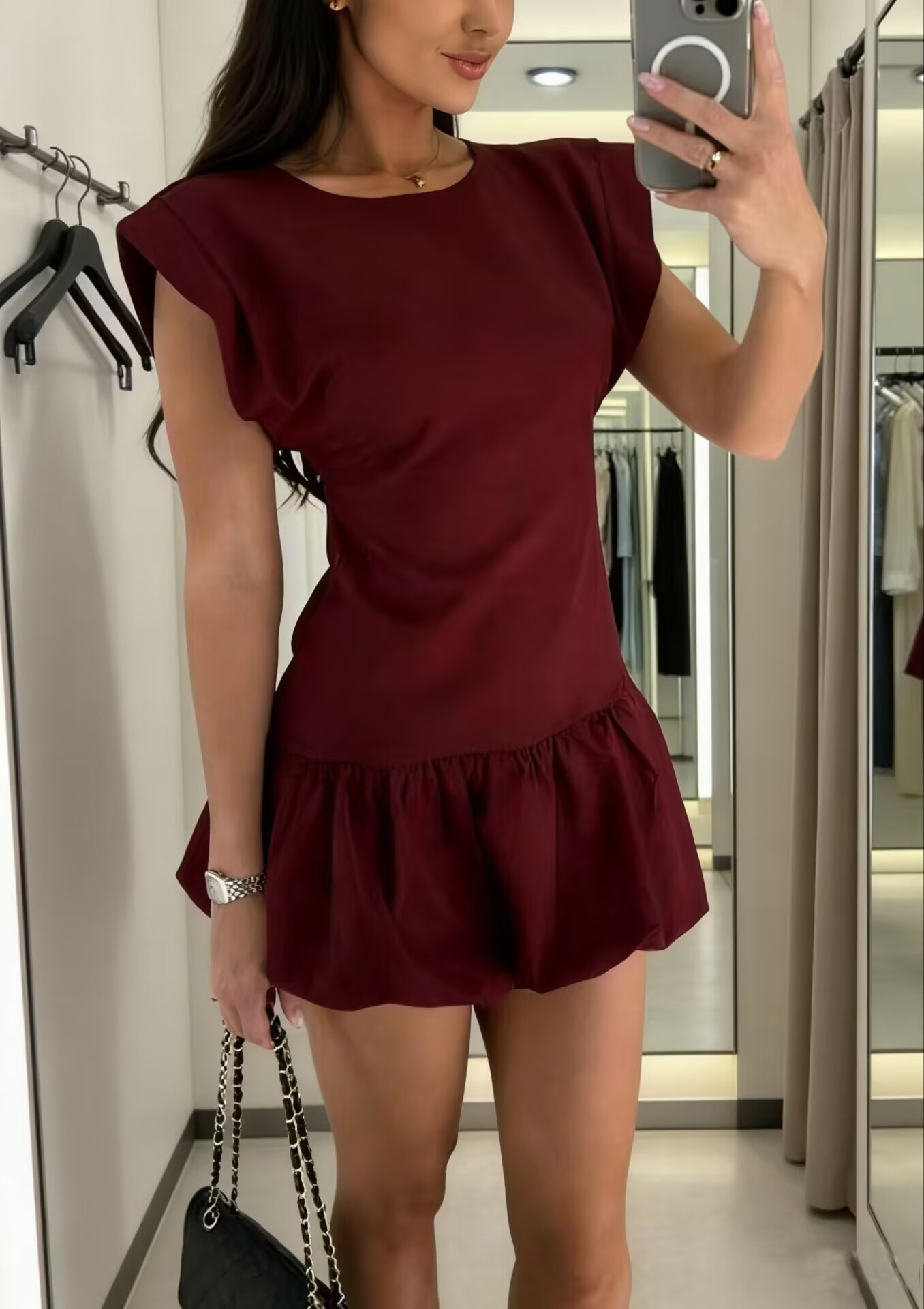Round Neck Cap Sleeve Dress with Cinched Waist and Ruffle Hem