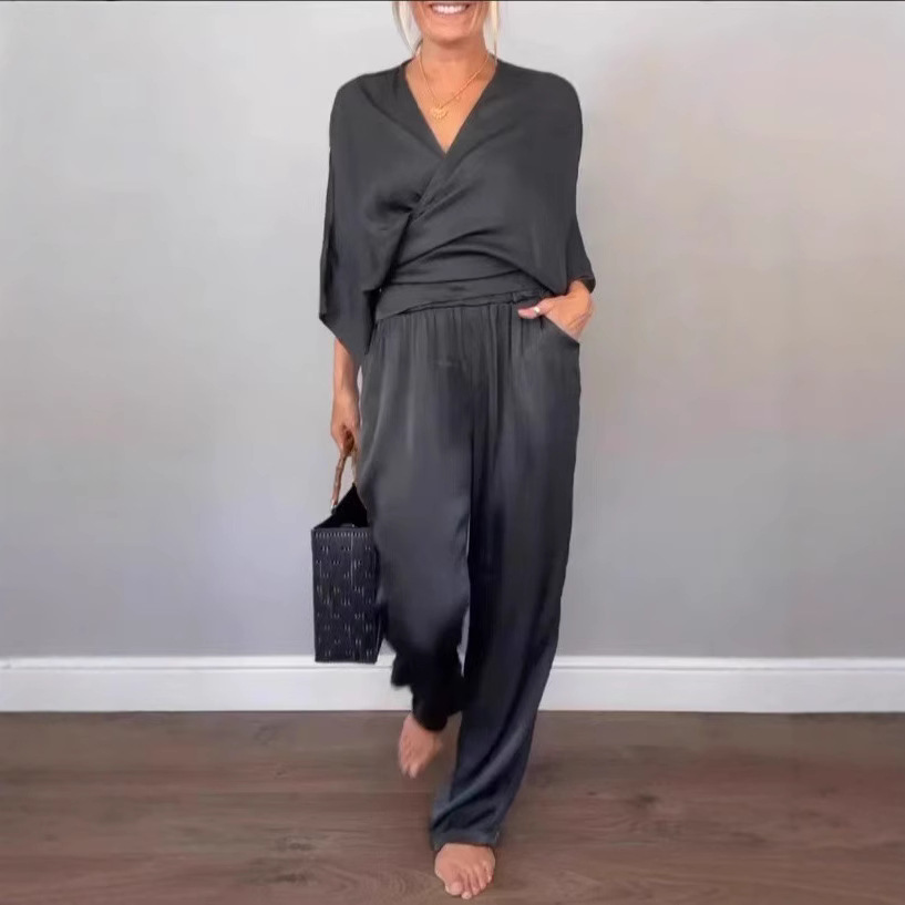 Women's Summer Satin Short Sleeve Top and Pants Set Solid Color