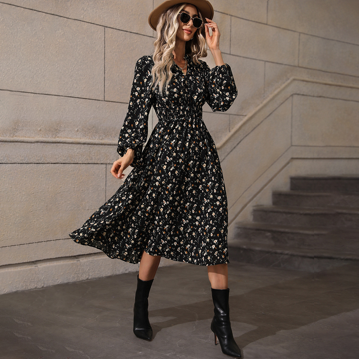 Women's V-Neck Long Sleeve Polka Dot Midi Dress High Waist Slimming