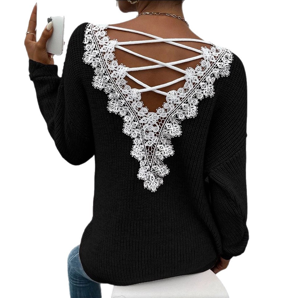 French Lace V-Neck Open-Back Long-Sleeve Sweater