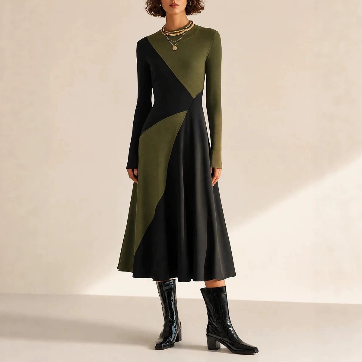 Black and Green Colorblock Long Sleeve Stand Collar Waist-Cinched Maxi Dress