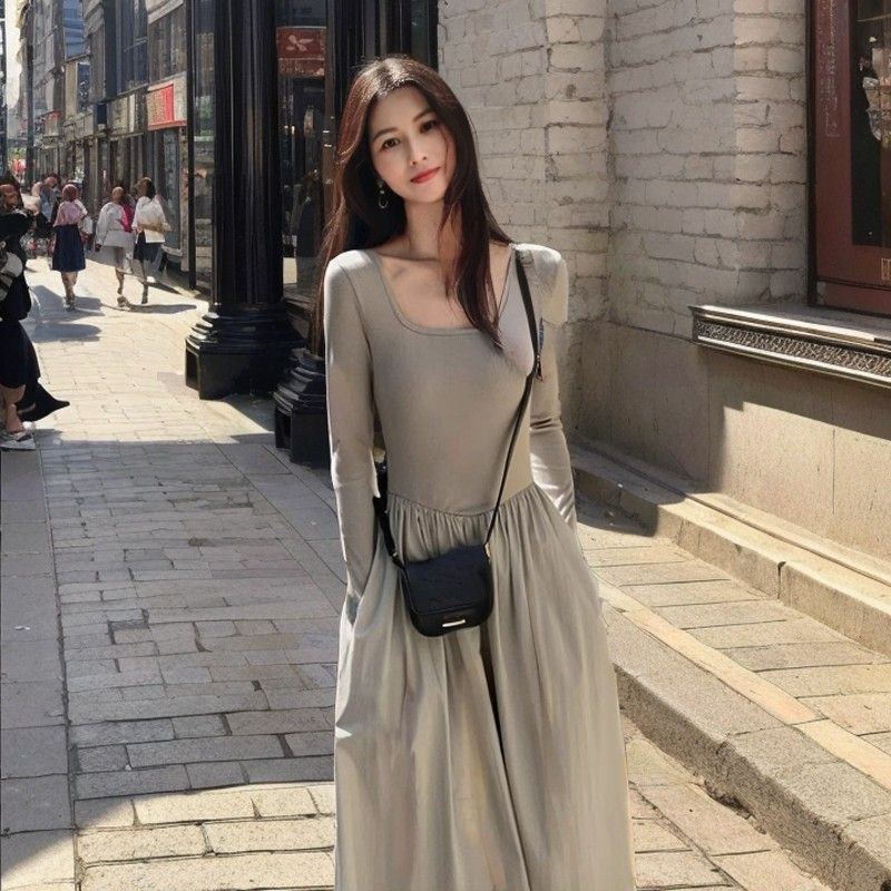 U-Neck Long-Sleeve A-Line Midi Dress with Cinched Waist