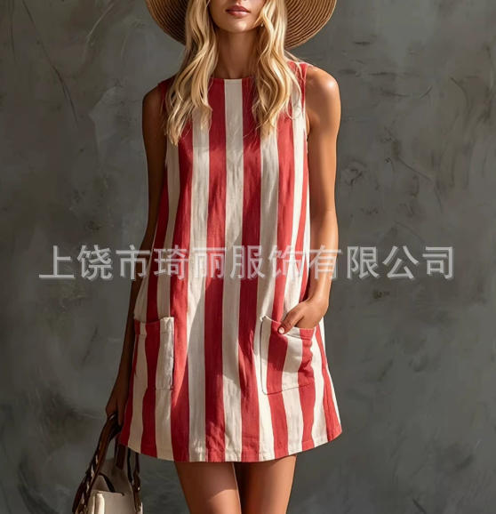 Red and White Vertical Striped Sleeveless Round Neck Straight Short Dress with Pockets