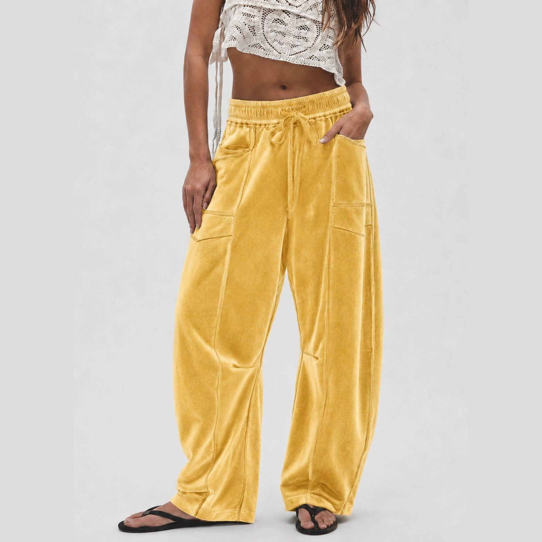 Women's Wide-Leg Velvet Pants with Drawstring Casual Loose Fit