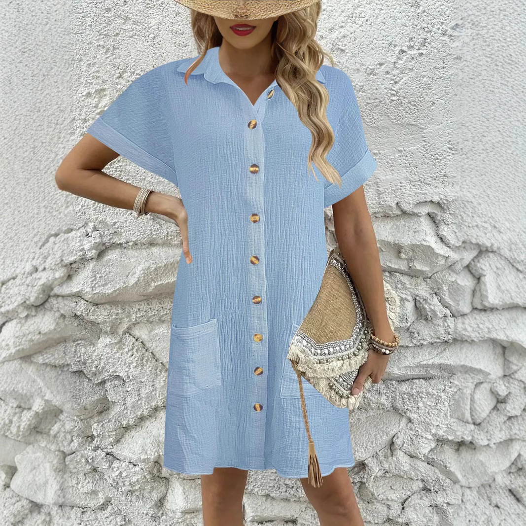 Women's Solid Color Button-Front Collared Shirt Dress Casual Short Sleeve