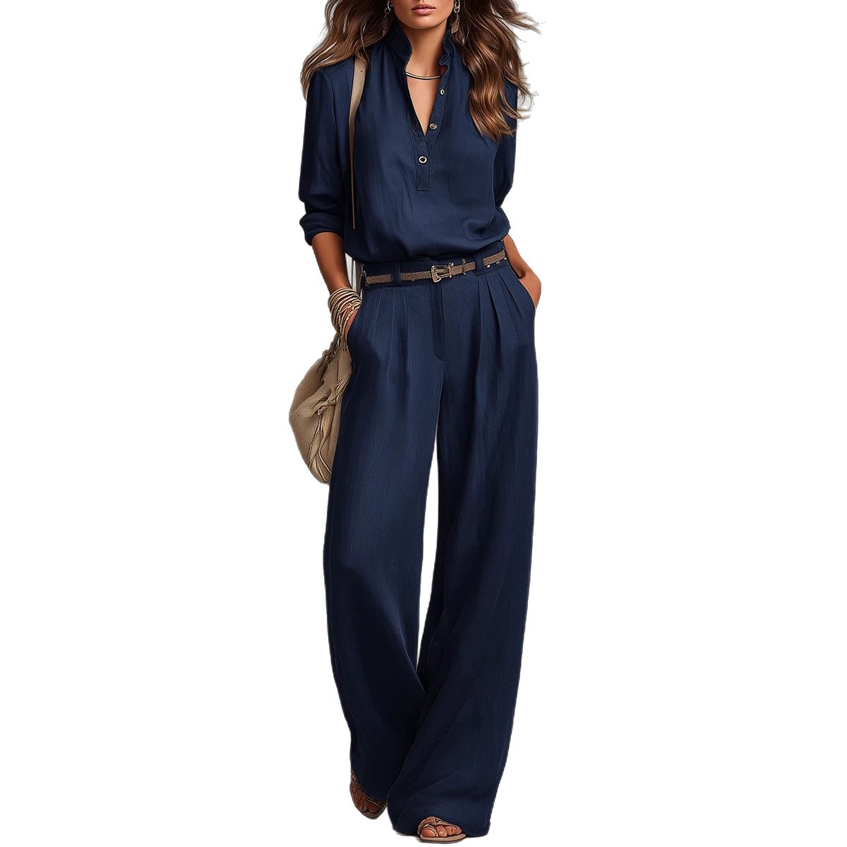 Women's Stand Collar Long Sleeve Shirt and Wide Leg Pants Two-Piece Set