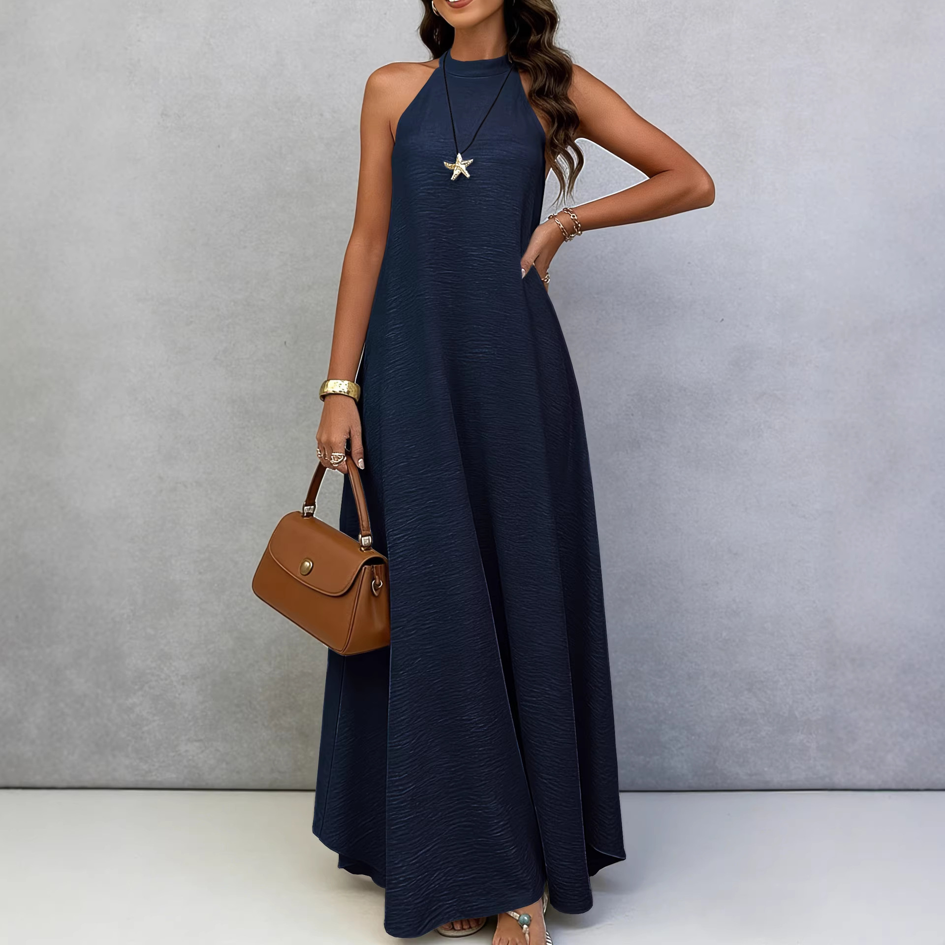 Women's Ice Silk Crinkle Sleeveless Maxi Dress Loose A-Line Solid Color Vacation