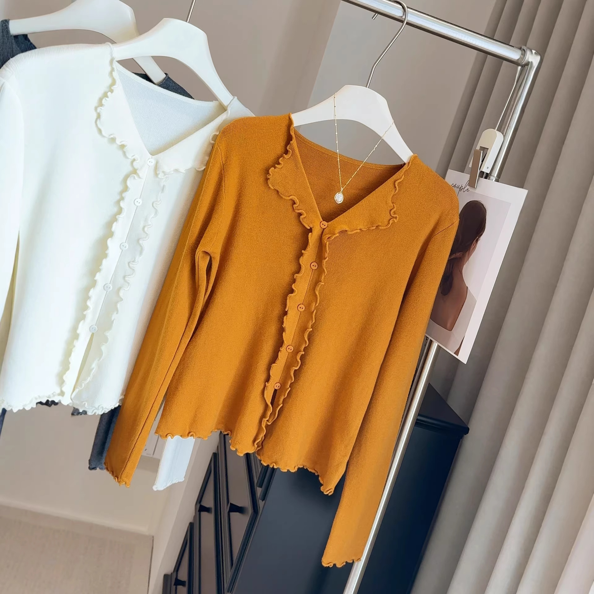 Slimming Knit Lace Cardigan with Doll Collar Long Sleeve