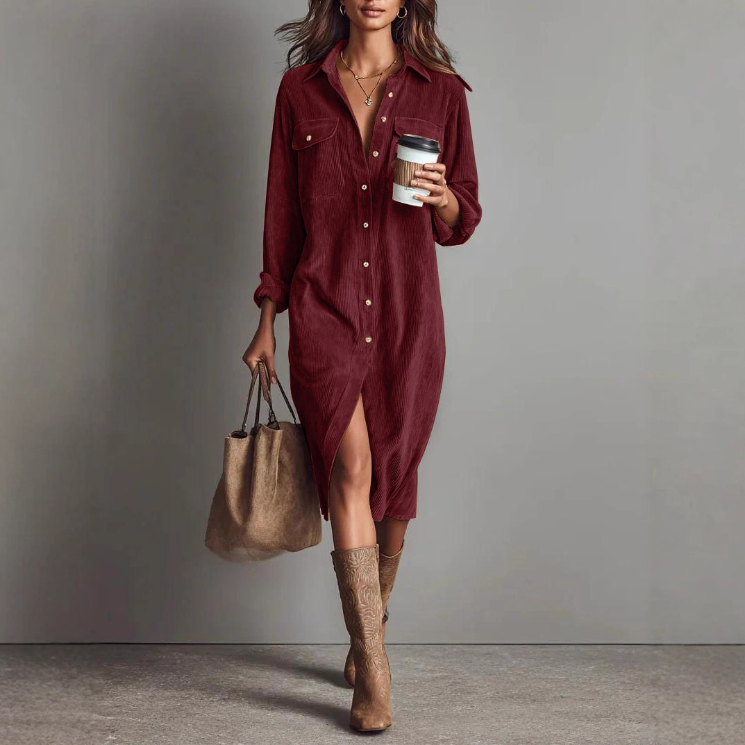 Corduroy Long Sleeve Collared Loose Midi Dress
