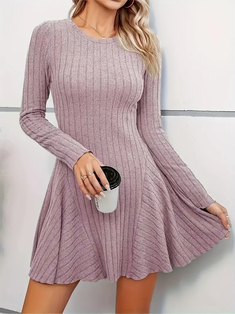 Elegant Knit V-Neck Long Sleeve A-Line Mini Dress