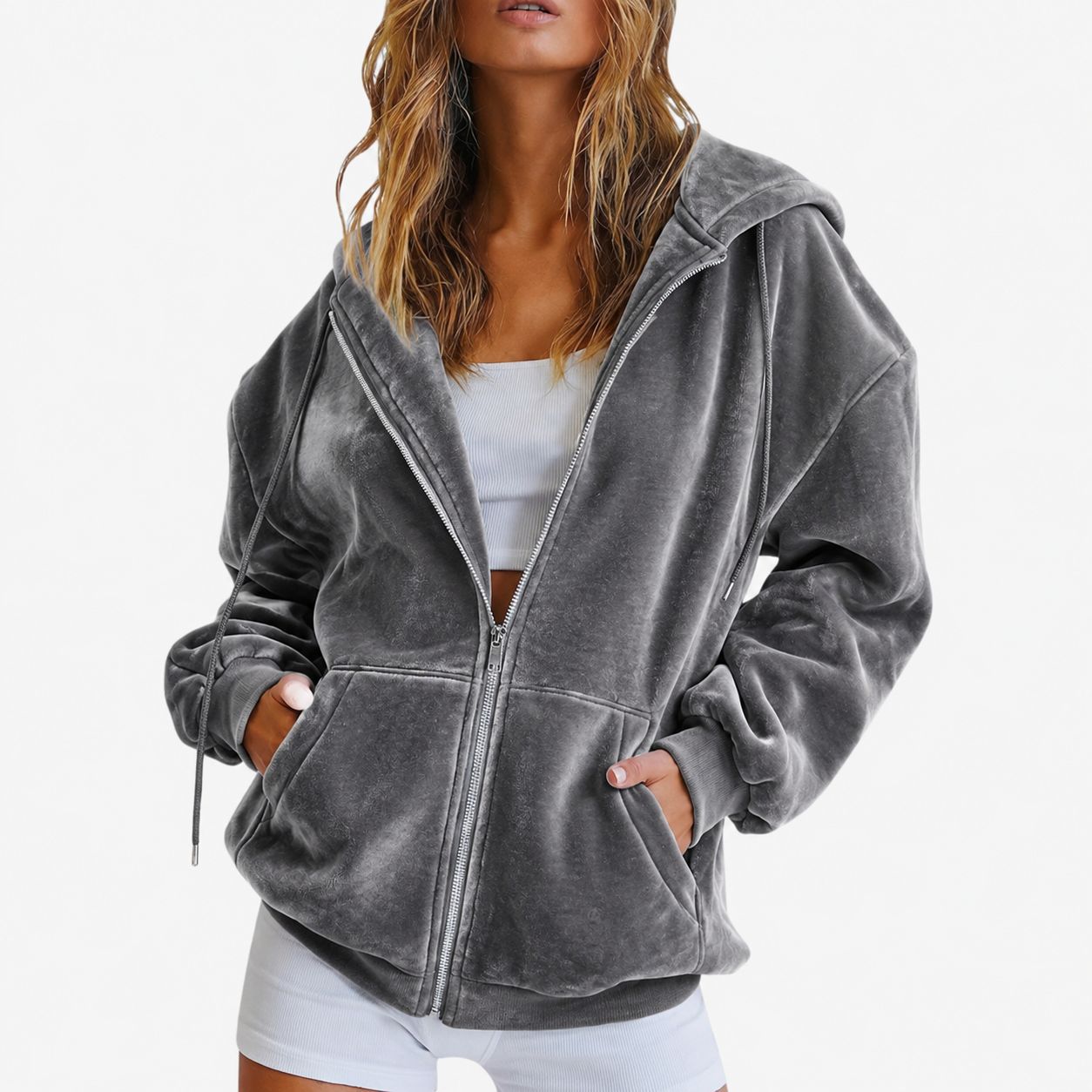 Velvet Zip-Up Hoodie Loose Fit Casual Jacket