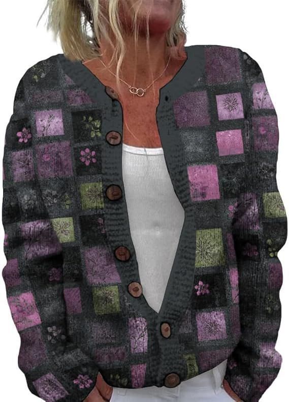 Women's Heart Print Button Cardigan Sweater