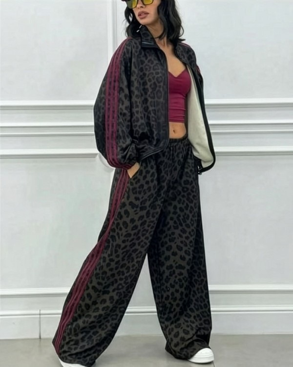 Leopard Print Striped Track Jacket and Pants Set