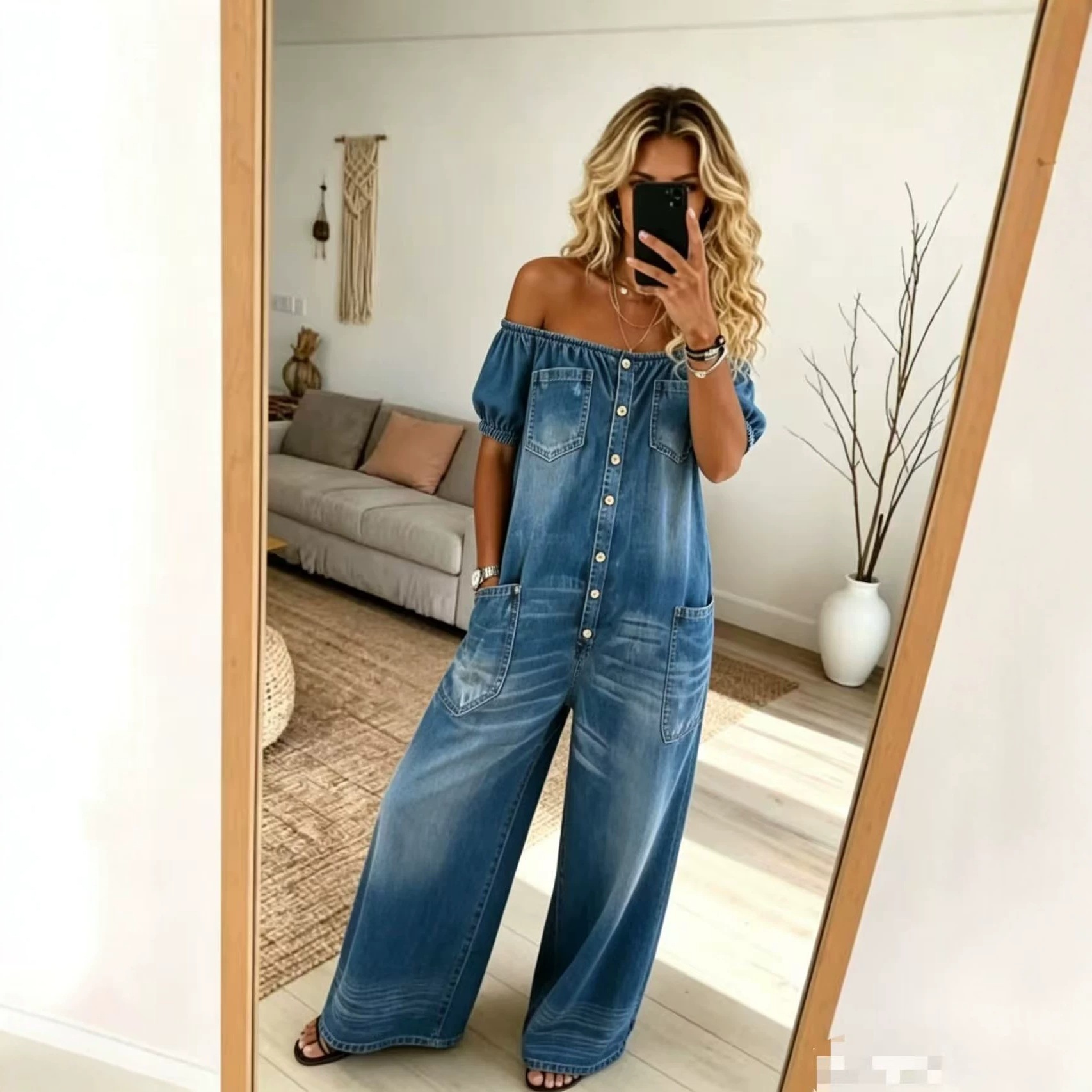 Women's Loose Vintage Denim Jumpsuit Straight Leg