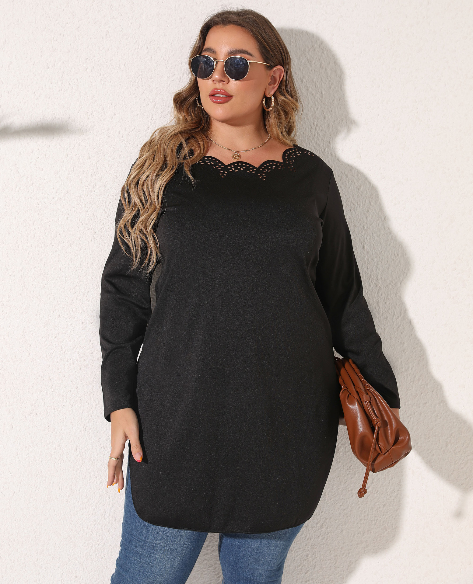 Women's Midi Burnout Hollow-Out Split Long-Sleeve T-Shirt