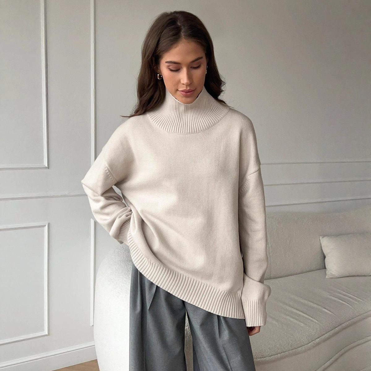 Women's Loose High Neck Solid Color Pullover Knit Sweater