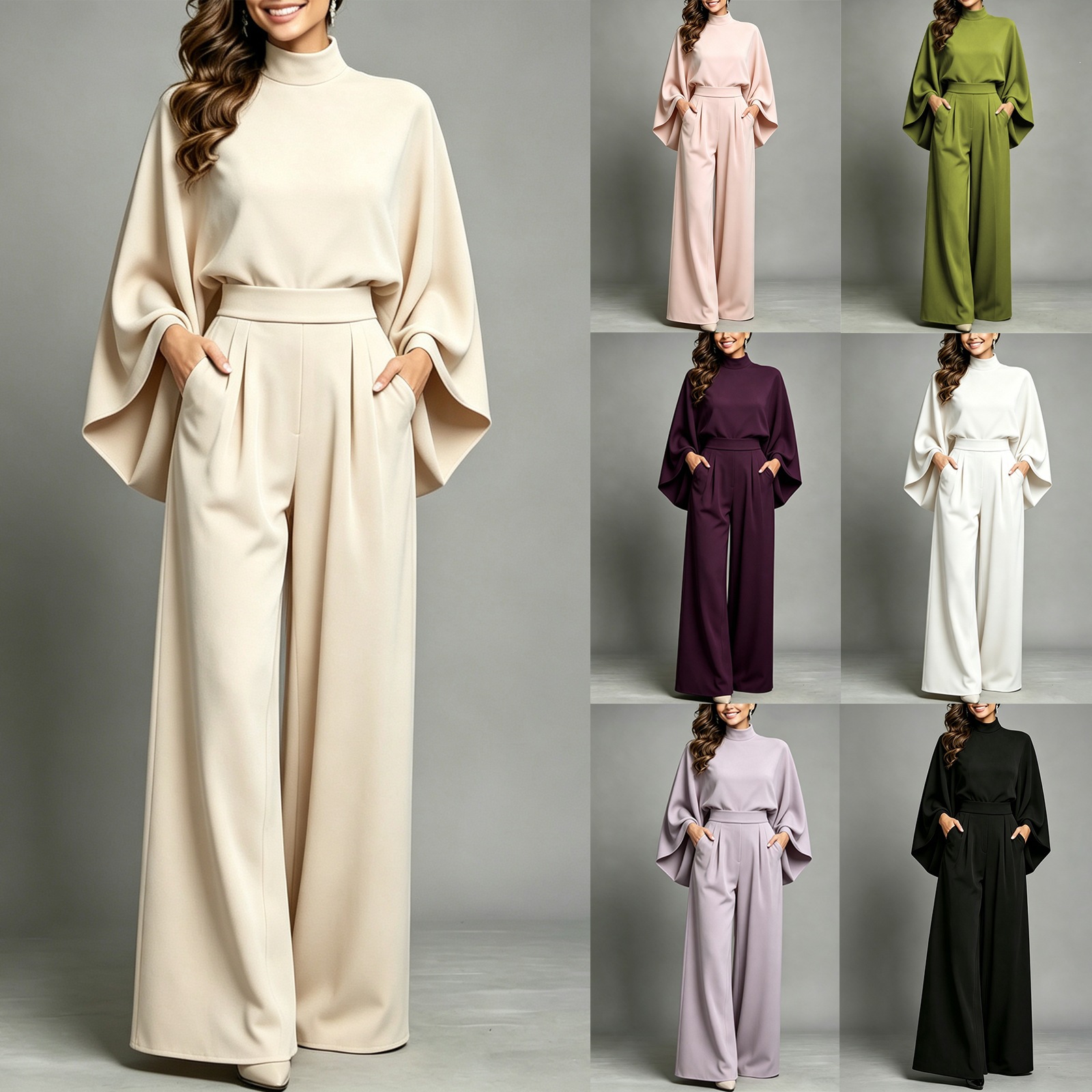 Women's Half-Turtleneck Wide-Leg Two-Piece Set, Long-Sleeve Knit Top and Pants, Loose Fit