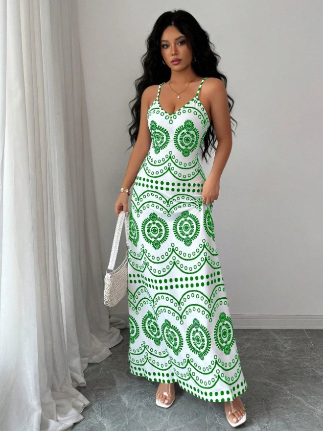 Women's Sleeveless V-Neck Printed Maxi Dress Slim Fit Summer