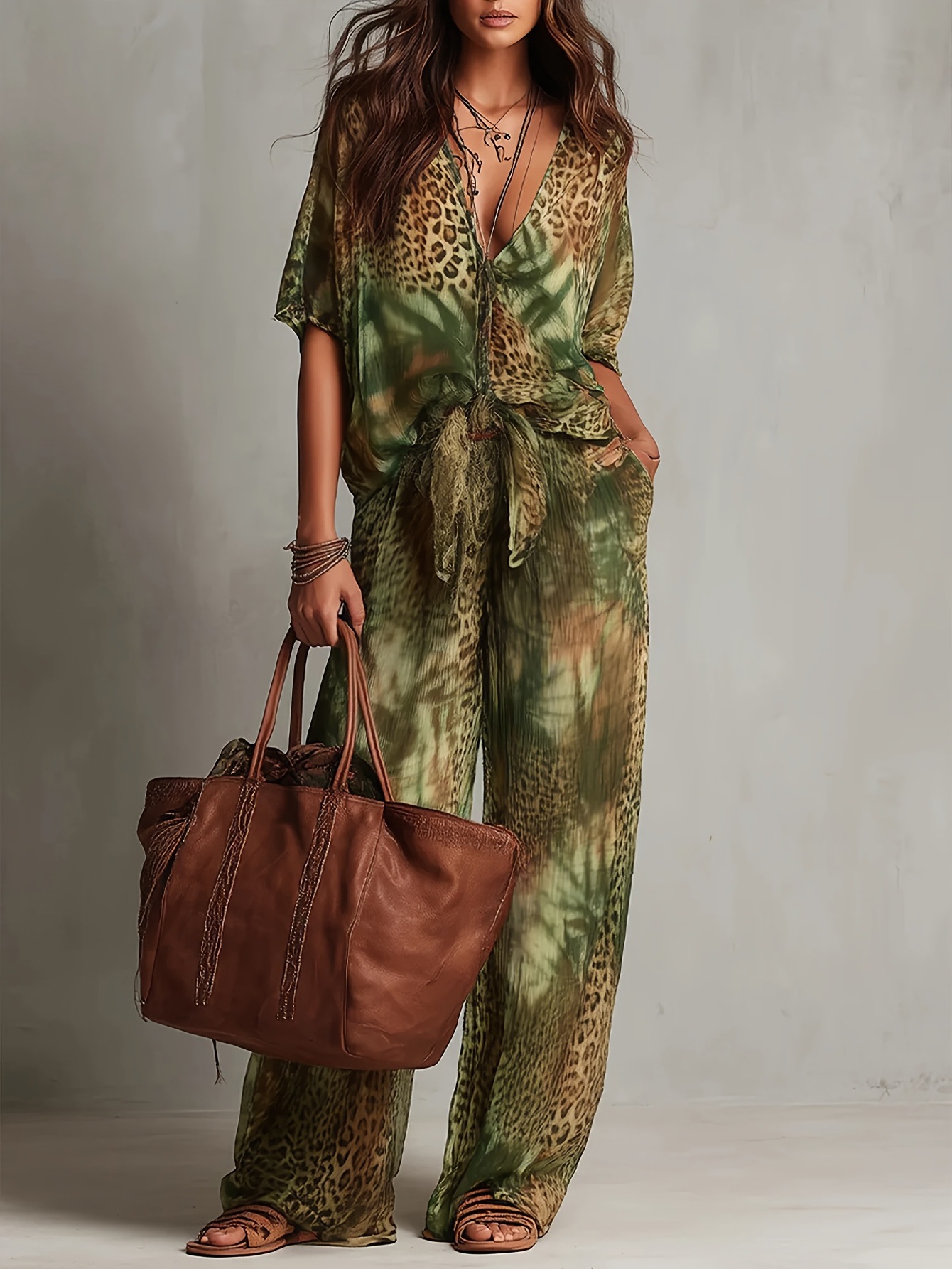 Women's Leopard Print Shirt and Wide-Leg Pants Set