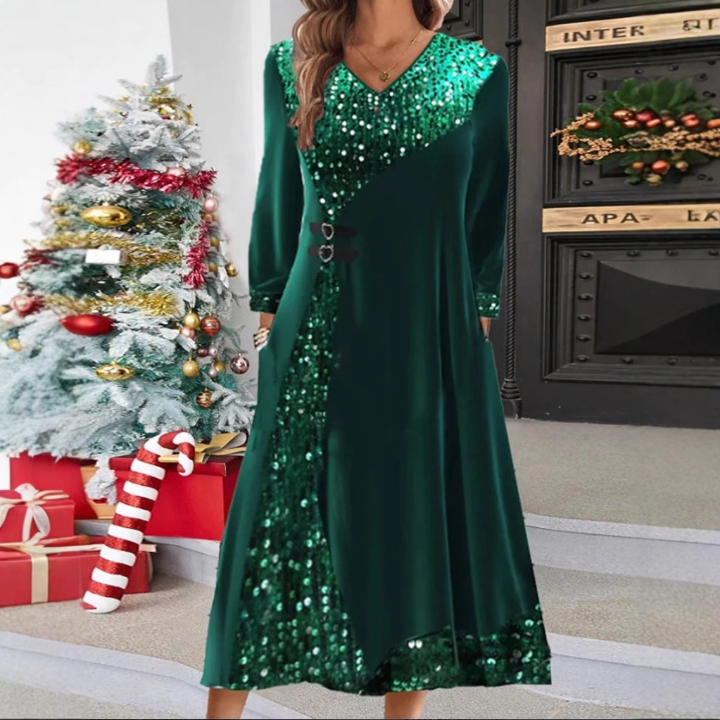 Sequin V-Neck Long Sleeve Midi Dress