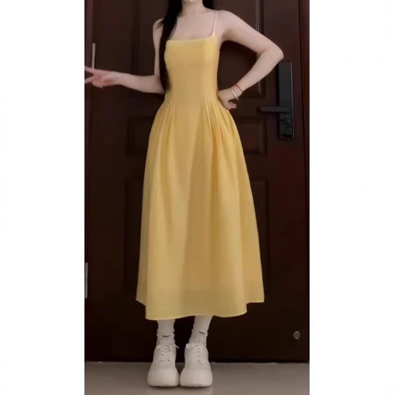 Yellow Sleeveless Midi Dress with Cinched Waist