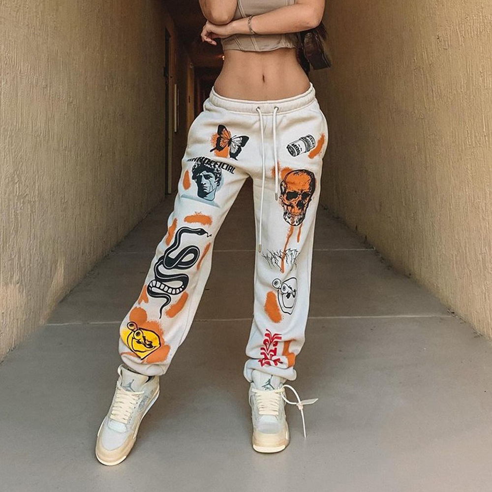 Halloween Streetwear Multi-Print Lace-Up Straight Leg Pants